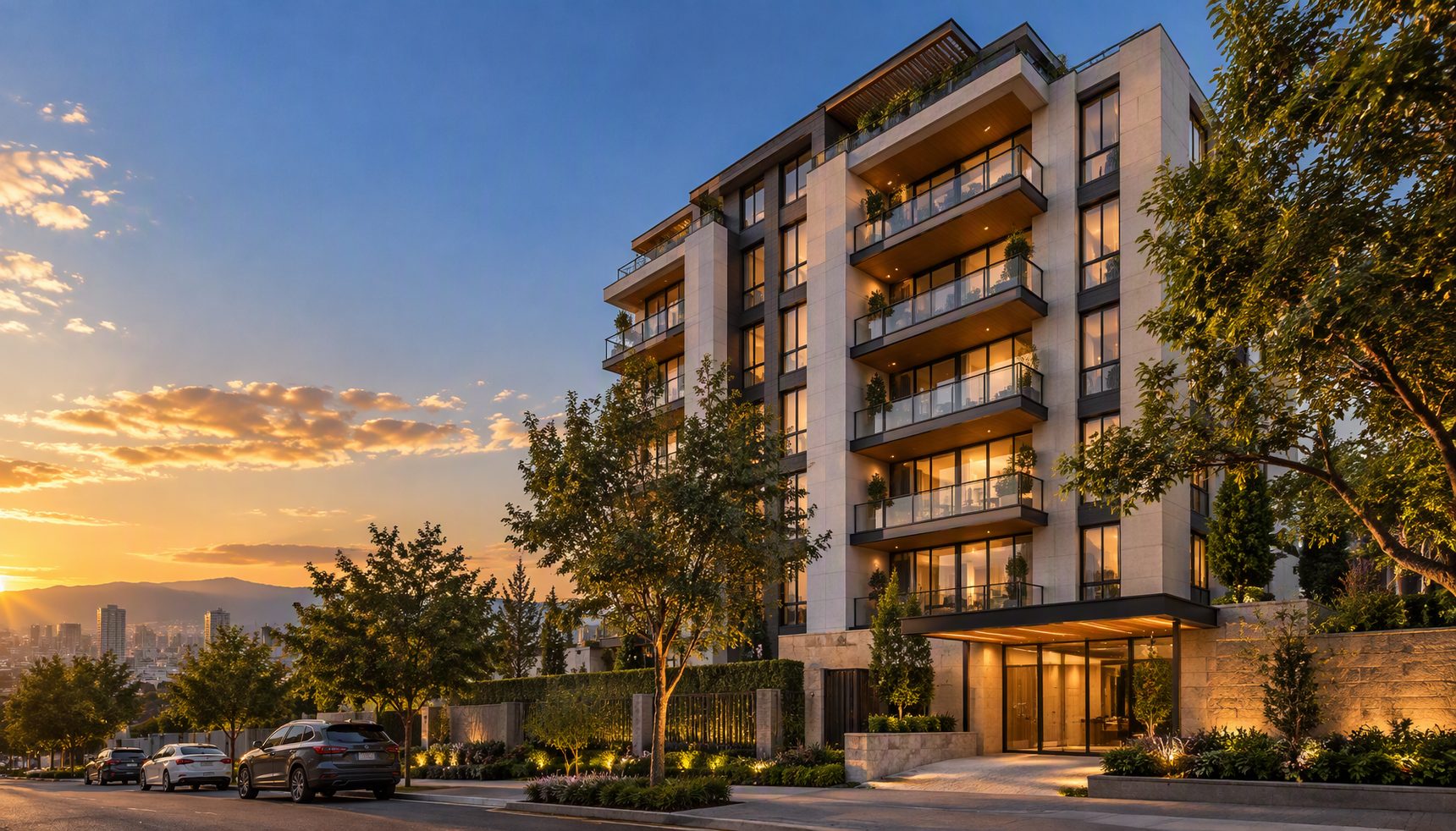 Edificio de condominio residencial al atardecer